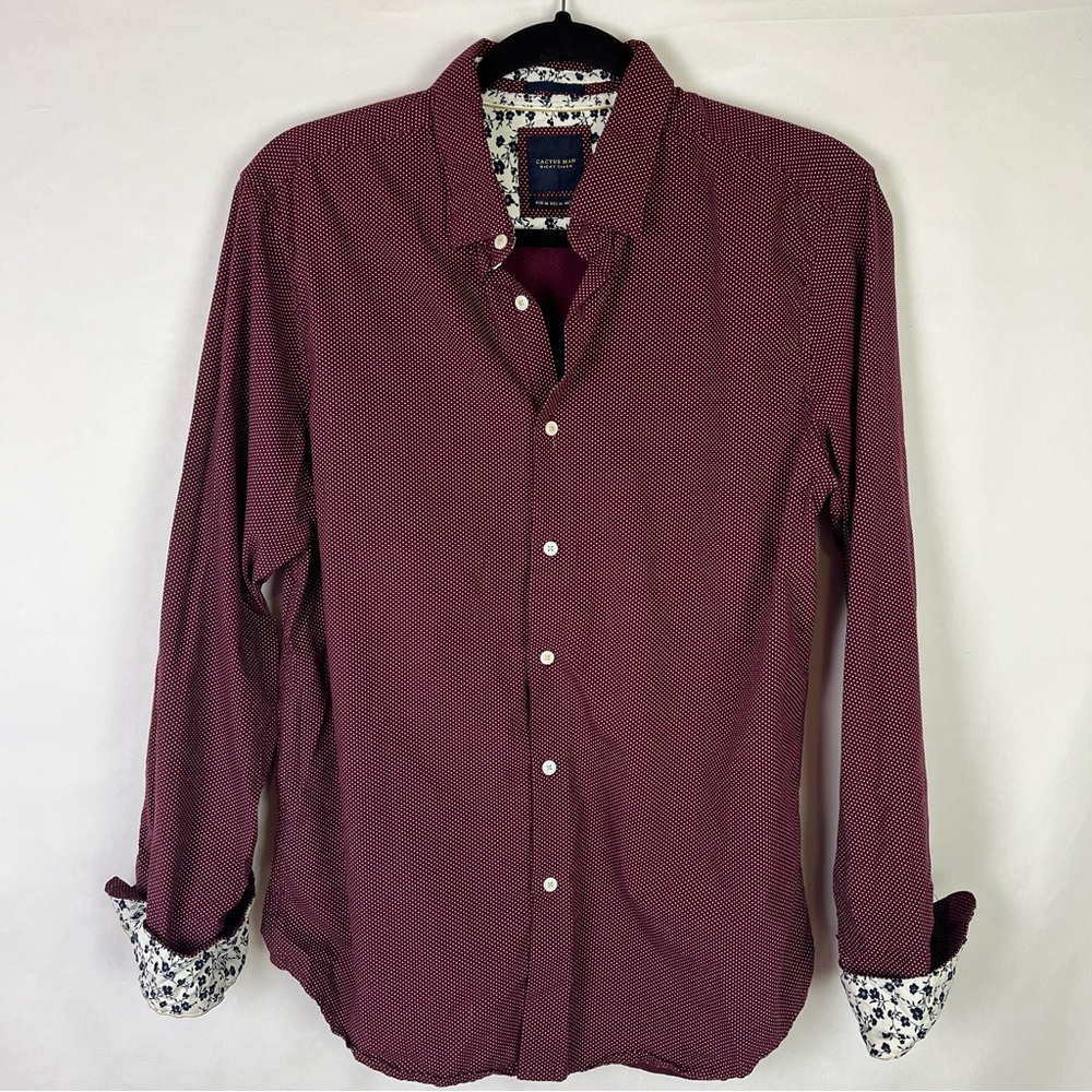 Cactus Man Long Sleeve Button-Down Shirt Maroon Polka Dot Floral Trim Medium